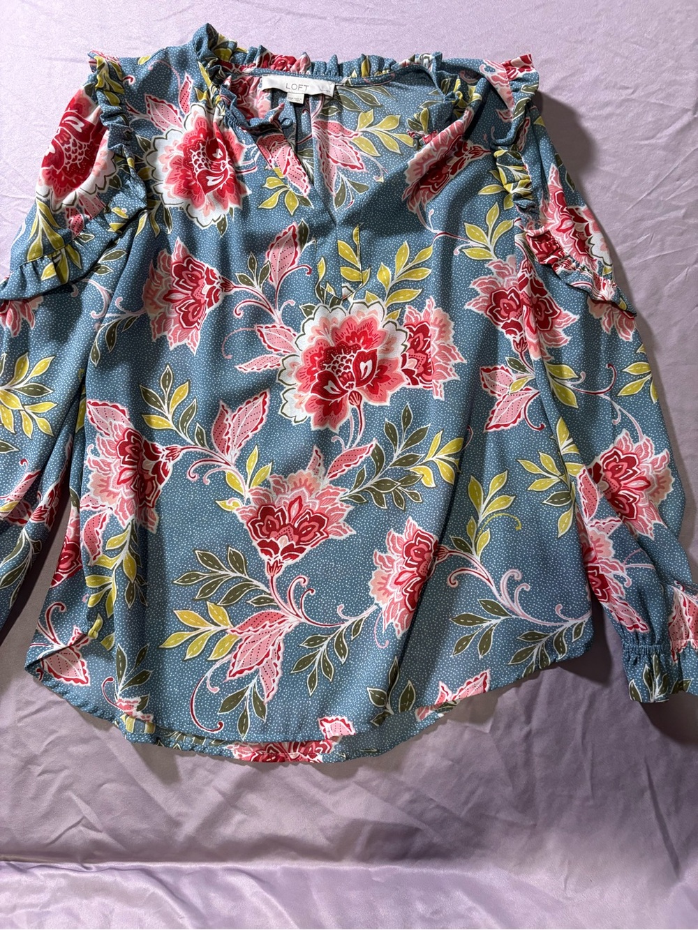 LOFT Blue Floral Cold-Shoulder Ruffle Blouse
